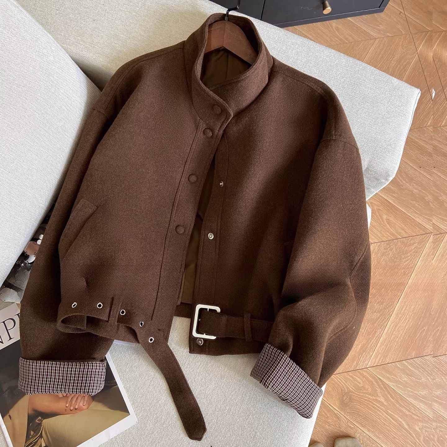 Retro plaid patchwork stand-up collar woolen coat for women, new spring and autumn Korean style loose casual short jacket, trendy new product