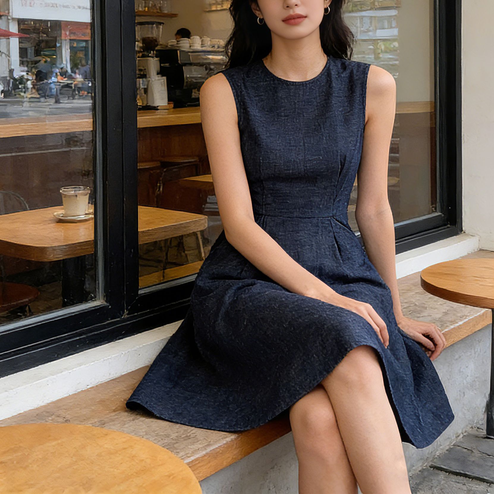 Đầm denim nữ không tay cổ tròn thắt eo dáng midi — Xanh da trờicolor chi tiết 5