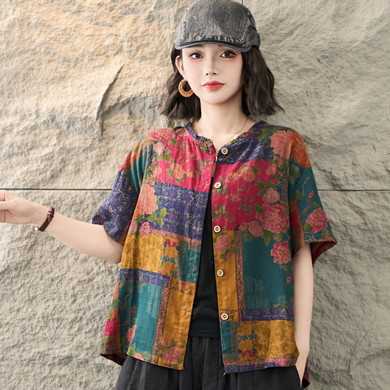 Summer New Style Double Sand Cotton Printed Vintage Cardigan Top Artistic Loose Casual Shirt Simple Women's Shirt