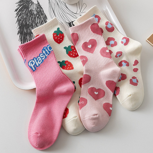 Pink Love Strawberry Socks for Women Spring and Autumn Style with Shark Pants Mid-calf Socks Fashionable and Versatile Cute Ins Trendy Long Socks