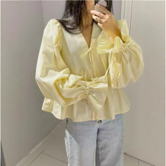 2025新款秋冬女装上衣跨境时尚休闲v领褶皱系带上衣泡泡袖衬衫