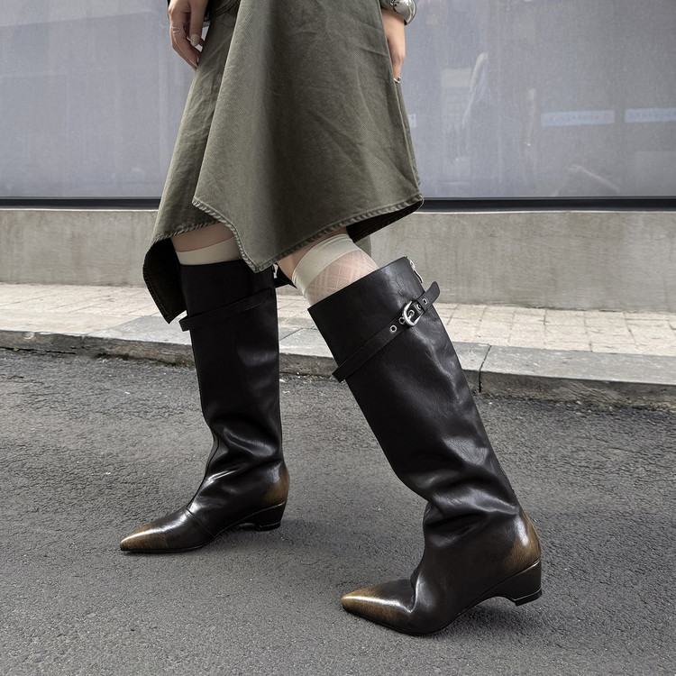 Women's high-tube leather boots with a distressed finish, new autumn and winter style, genuine leather pointed toe, buckle strap, mid-heel, slip-on knee-high boots Women's high-tube leather boots with a distressed finish, new autumn and winter style, genuine leather pointed toe, buckle strap, mid-heel, slip-on knee-high boots