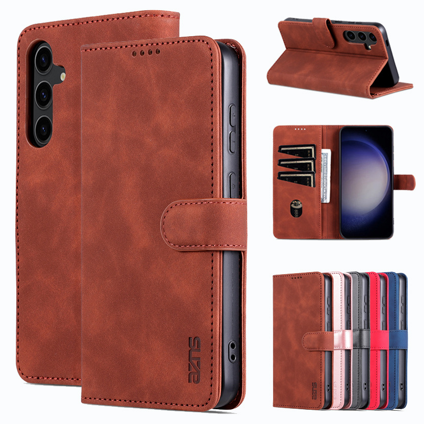 纯色翻扣皮套适用三星S24Ultra手机壳S22S23/A55插卡保护套A14A25