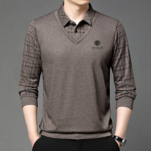 春秋季新款中年男士长袖t恤假两件翻领上衣商务休闲POLO打 底衫男