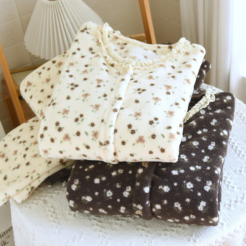 女冬季新款加绒加厚睡衣法兰绒家居服圆领长袖长裤保暖套装|undefined