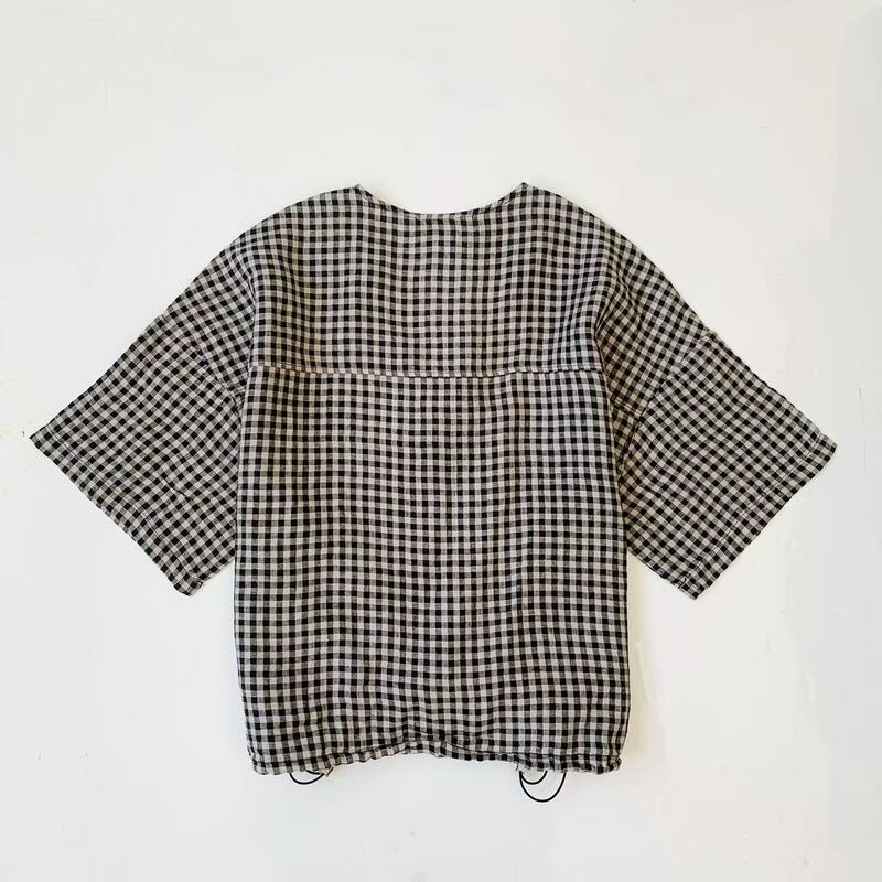 Item No. 26A5689 Summer New Style Japanese Simple Small Checkered V-Neck Buttoned Hem Drawstring Short-Sleeve Plaid Top