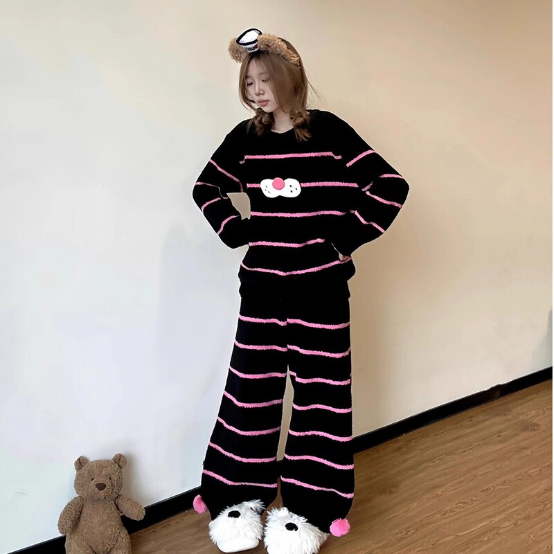 可爱酷猫半边绒睡衣女款2025新款冬季加绒加厚毛绒针织家居服套装|undefined