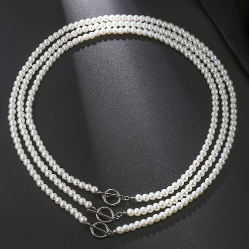 Cross-border best-selling stainless steel OT clasp imitation pearl necklace with a touch of gothic style, unisex lockchain with a hip-hop pearl necklace.