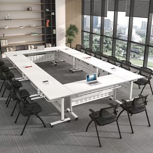 Folding Training Table and Chair Combination, Splicable Flip Table, Mobile Long Table with Wheels, Multi-Functional Office Conference Table