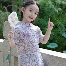 2023春夏新款女童旗袍紫色玫瑰短袖旗袍中国风改良汉服宝宝连衣裙