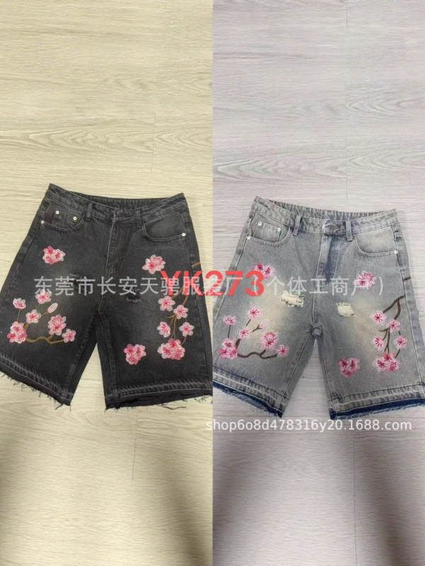 トレンディで多用途なファッショナブルなショートパンツ、クロスボーダー外国貿易、アメリカンレトロなパーソナライズされたストリートフラワー刺繍デニムショートパンツ、男性と女性用|undefined