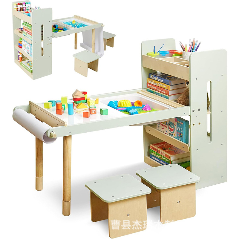 Solid wood children's game table with multi-layer picture book storage rack, desktop paper roll holder, and integrated table for baby painting, building blocks, and learning