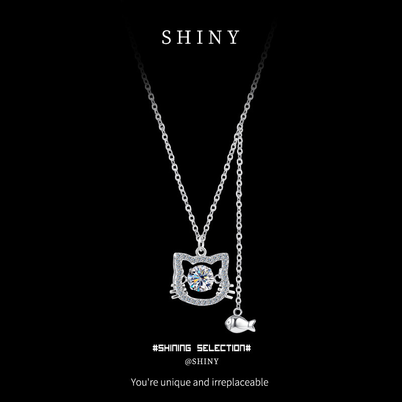 S925 sterling silver cat and fish necklace smart mozan pendant sweet women's small fresh clavicle chain high-grade necklace