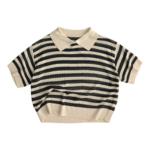How cool ~ texture ~ spring and summer Korean children's hollow knitted sweaters, fashionable men's and women's trendy striped short-sleeved T-shirts