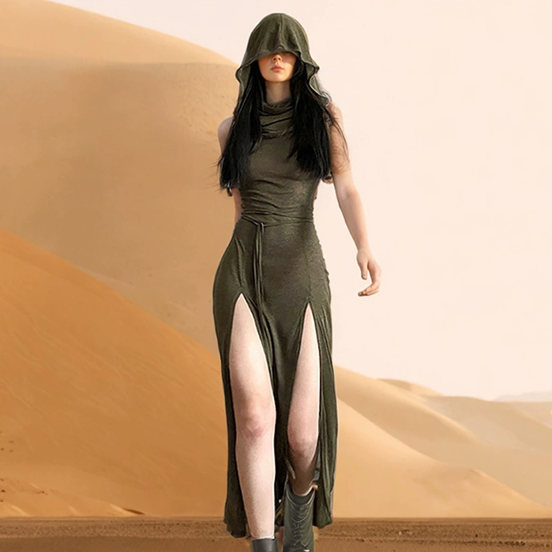 Европейская и американская горячая девушка 2023 Летний Новый Однотонный пуловер без рукавов с капюшоном сексуальное разрезное длинное полое женское платье