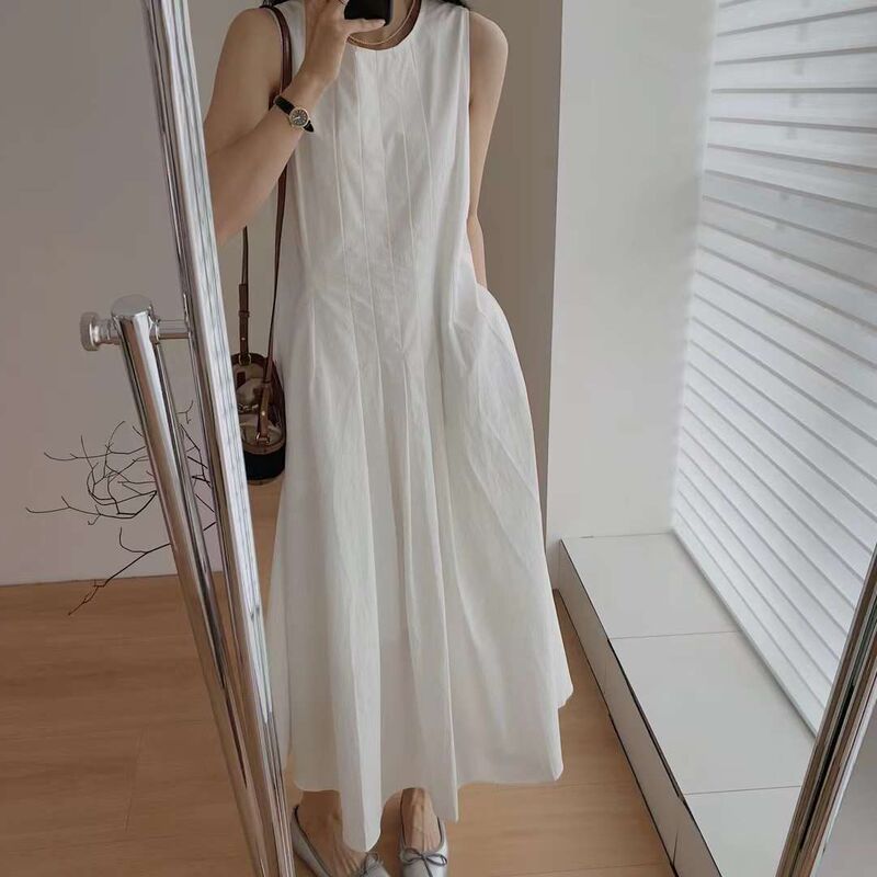 Aiyixuan Textured Sleeveless Dress for Women, Round Neck, Draped Mid-Length A-Line Dress, Casual Loose Fit, Flattering Long Dress