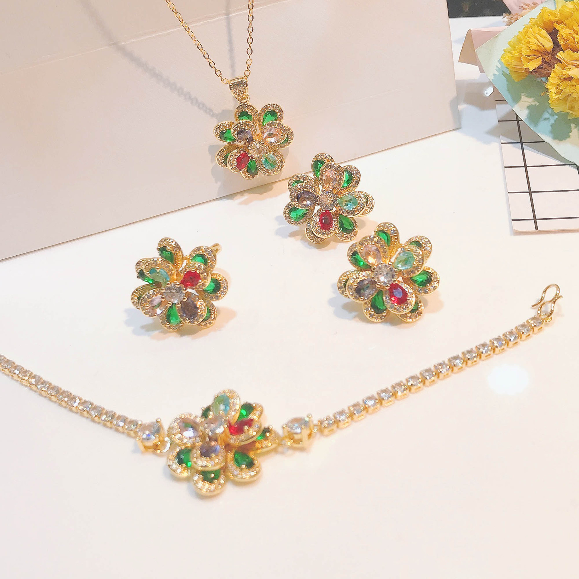 Color Tourmaline Flower Set Three-dimensional Camellia Pendant Open Ring Bracelet Earrings display picture 2