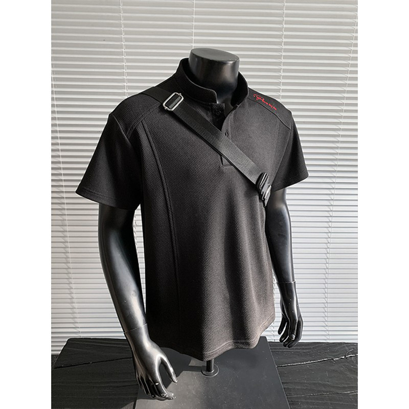 Waffle Embroidered Short-Sleeve Polo Shirt for Men, Summer American-Style Deconstructed Patchwork Sports Fitness Regular Shoulder T-Shirt with Five-Quarter Sleeves