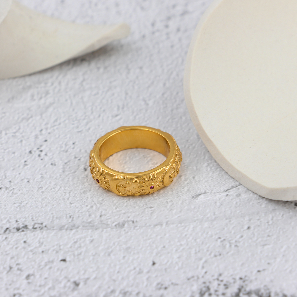 304 Stainless Steel Material Vintage Style Sun Star Moon Stainless Steel Plating Zircon Rings