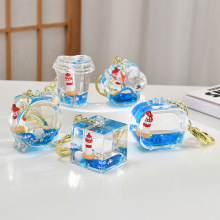 亚克力流沙瓶钥匙扣帆船灯塔蓝色入油流沙瓶桌面摆件包包配件礼品