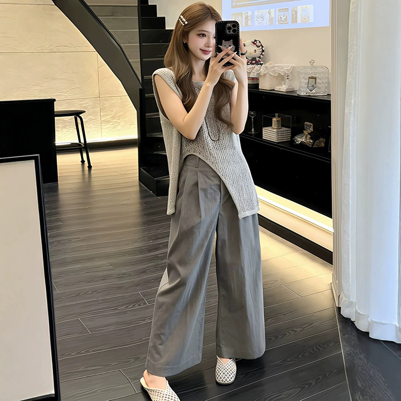 Niche Casual Fashion Set for Women 2026 Summer New Style Irregular Sleeveless Knitted Vest and Wide-Leg Pants Two-Piece Set