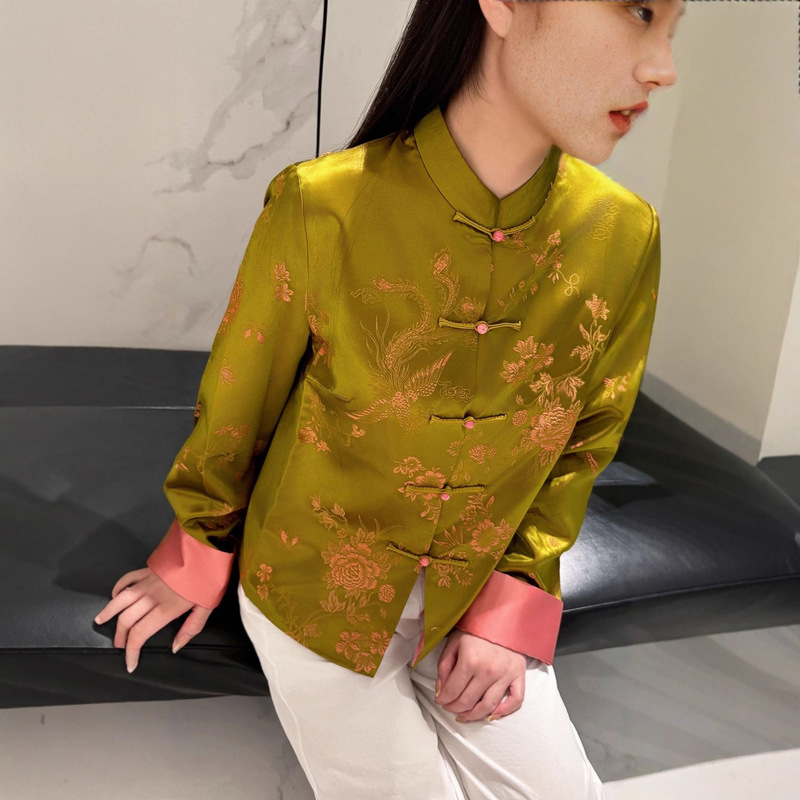 南油女装爆款新中式真丝老缎外套2025秋款时尚减龄立领上衣不退换|undefined