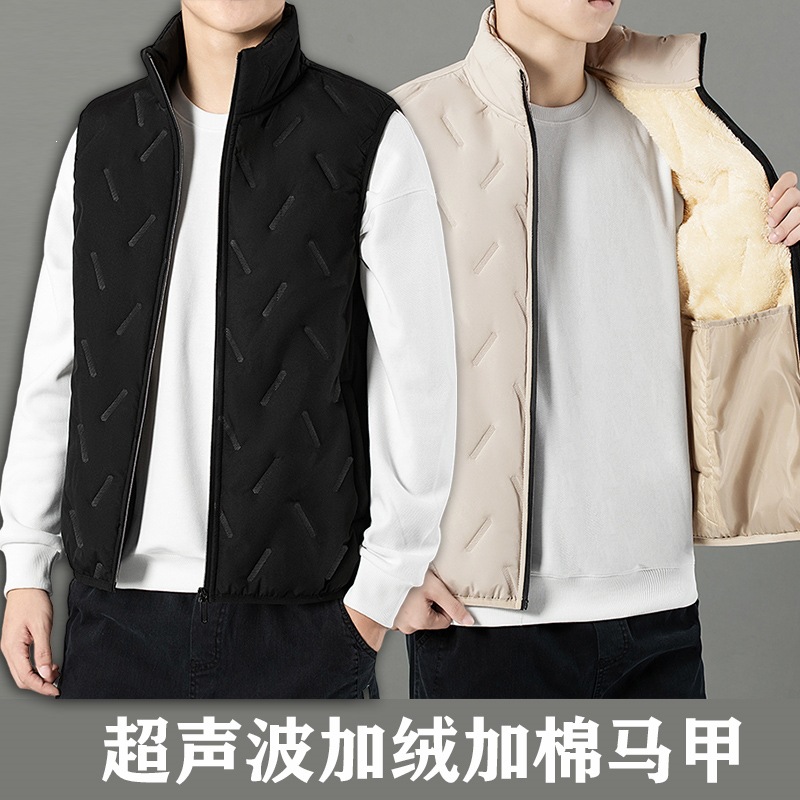 New autumn/winter men's vest, stand-up collar, fleece-lined, thickened down jacket, warm and comfortable, made of lamb wool and 2305 cotton.