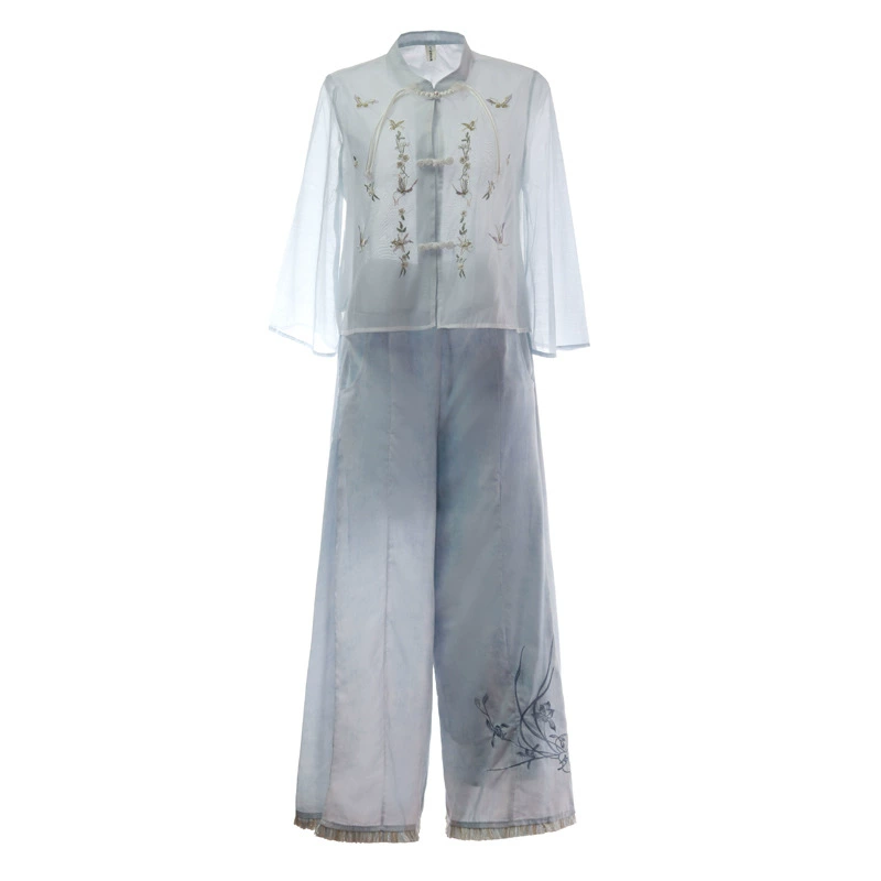 Retro Chinese-style Embroidered Two-piece Set, Women's Blue Shirt & Trousers
