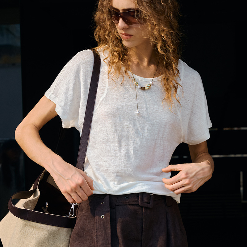 Pure Linen Knitwear Round Neck Short-Sleeved Women's Summer Split-Cut Linen Top with a Stylish Design, Thin and Breathable T-Shirt
