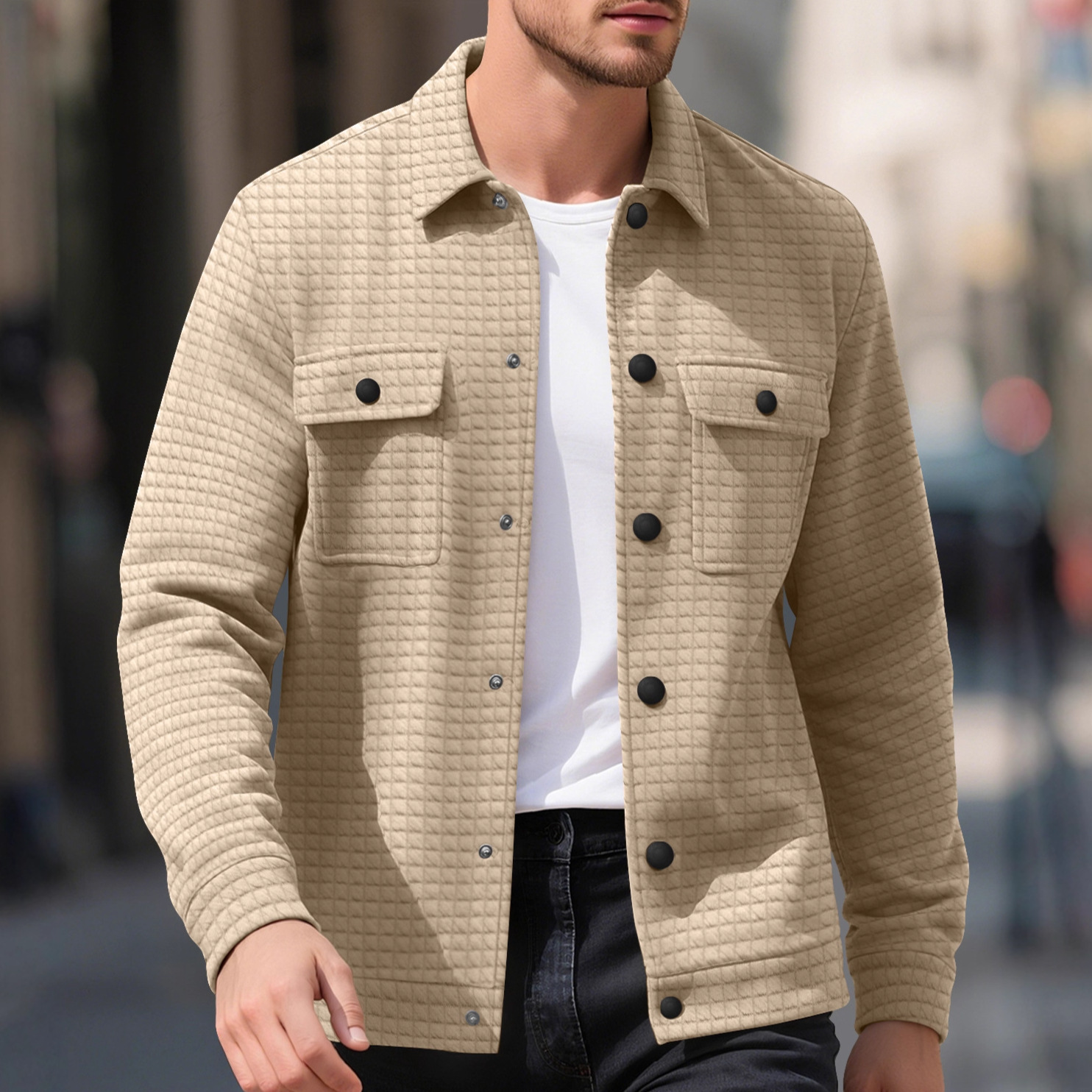 Europa y los Estados Unidos transfronterizos nuevos abrigos de viaje primavera y otoño comercio exterior Jacquard casuaje pequeño cuadrado suelto camisa de trabajo de punto hombre