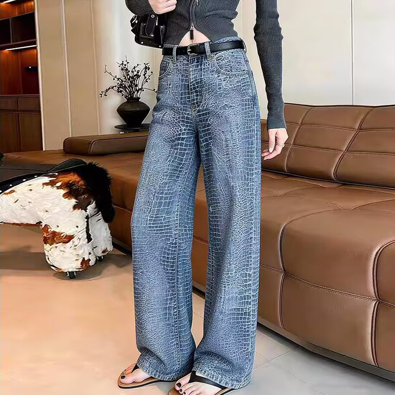 Nanyou High-End 26 Summer New Style Chanel-Inspired Full-Print Crocodile Pattern Stone Pattern Jacquard High-Waisted Straight-Leg Denim Pants for Women