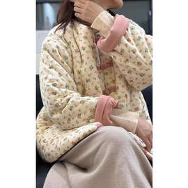 新中式盘扣碎花棉衣外套女2025冬复古国风夹棉加厚保暖棉服小棉袄