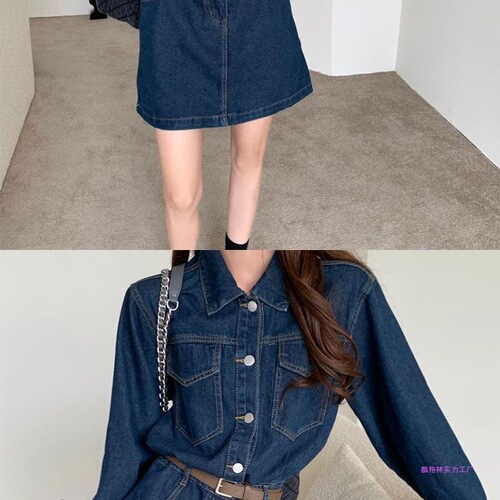 Gentle autumn tie and waist pinching dress, large size fat mm, slimming waist waist, long-sleeved shirt, denim skirt, medium and long length