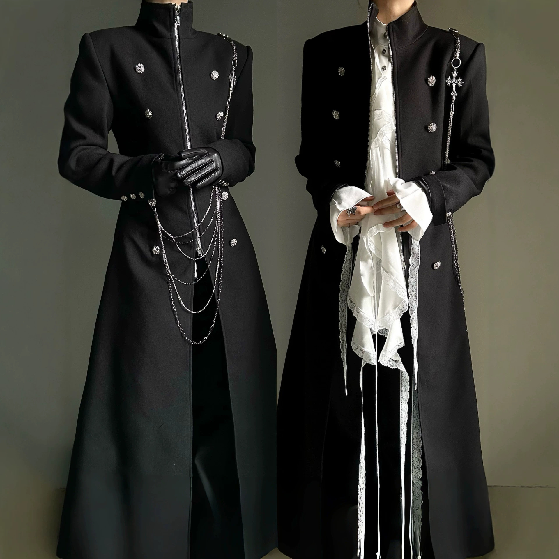 Straight-shoulder trench coat for men and women, autumn and winter, dark style, slimming, double-breasted, belted, ascetic, prince-style coat.
