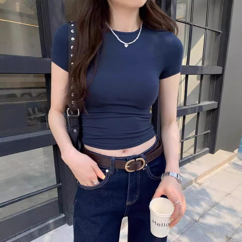 American Style Right Shoulder Short-Sleeved T-Shirt for Women in Summer, Simple Slim Fit, Little Sexy Tight-Fitting Waisted Short Top
