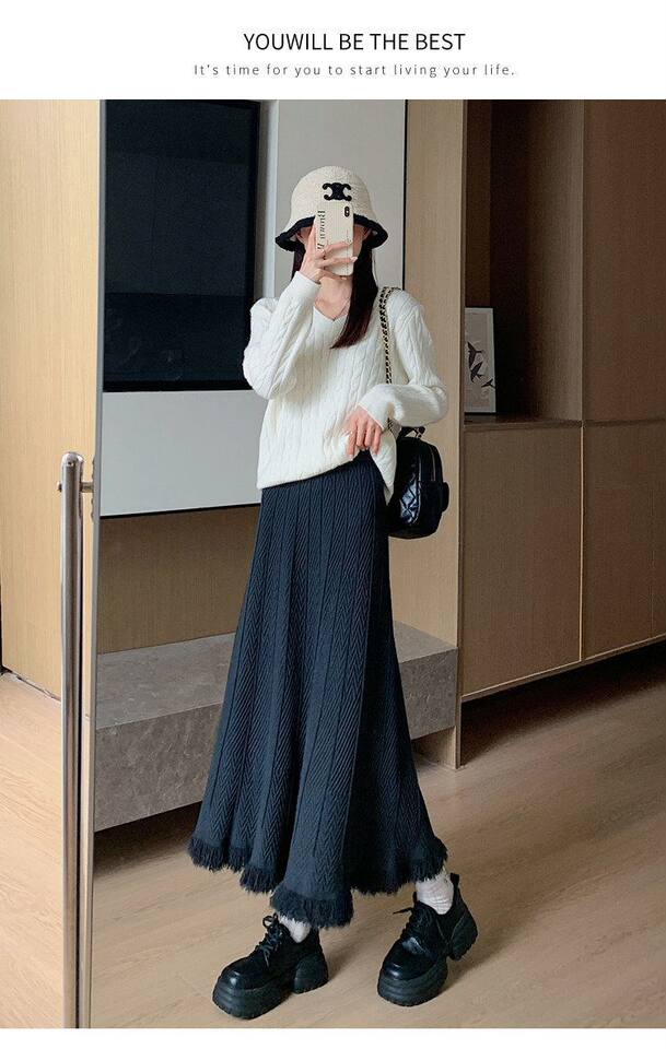 Chân váy dệt kim dày nữ dáng chữ A cạp cao xếp ly tua rua dáng dài — màu kaki, màu mơ, xám đậm, đen chi tiết 31