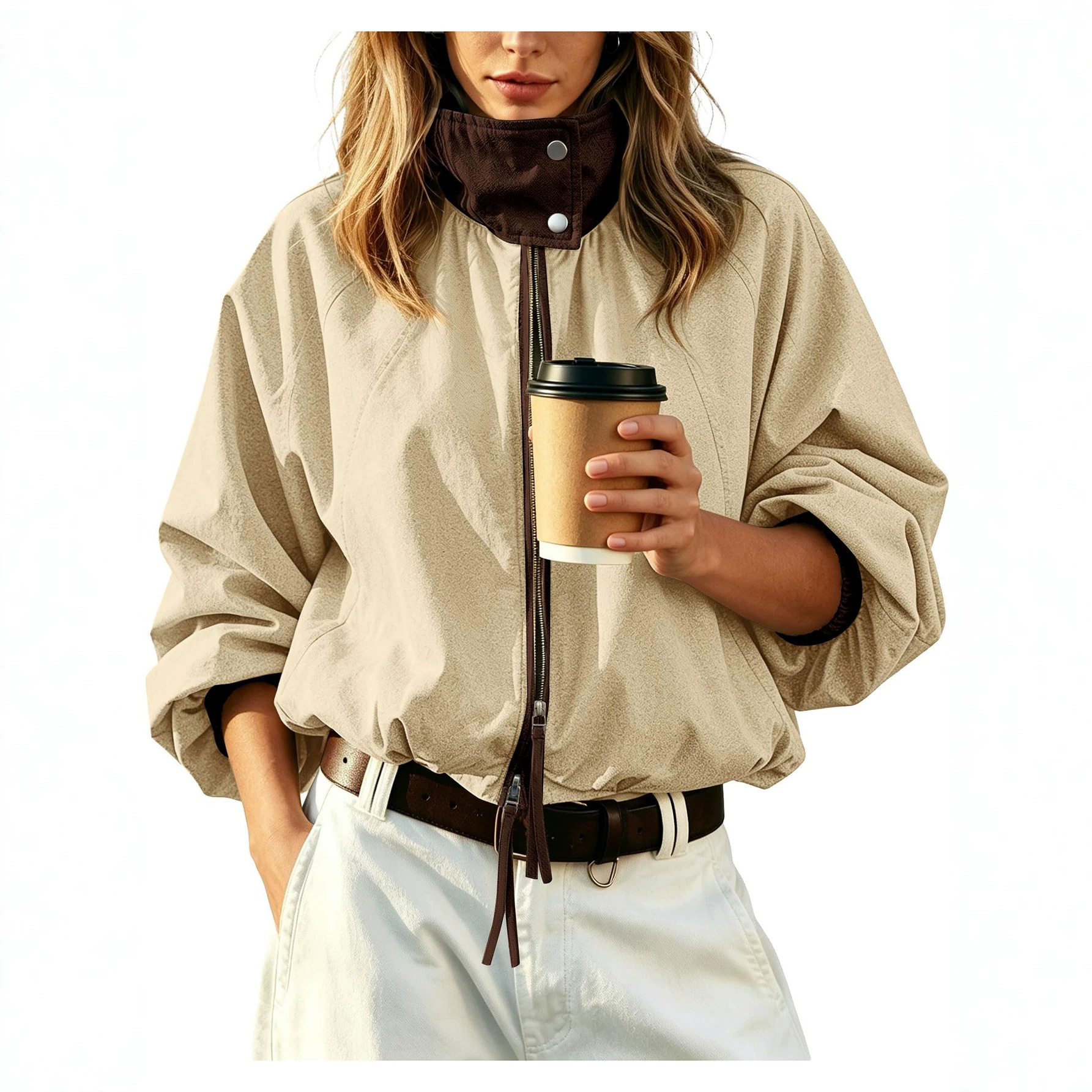 European and American style women's loose-fitting aviator jacket, high-neck zip-up casual coat for autumn and winter (with pockets)