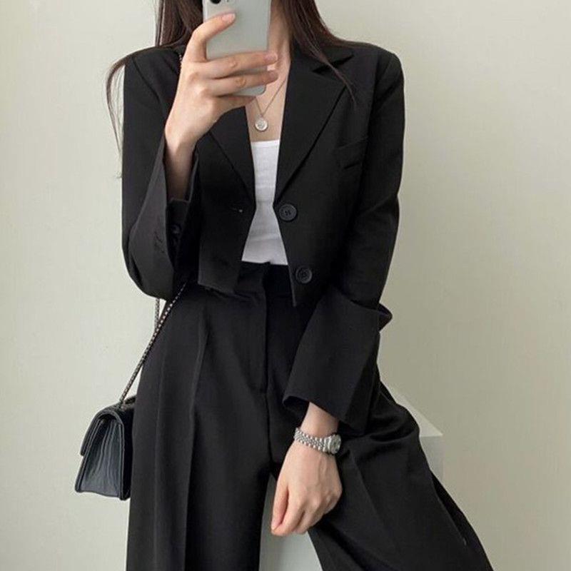 Wide-Leg Korean-Style Lapel Elegant Floor-Length Blazer Short Jacket Chic Suit High-Waisted Pants Set for Women