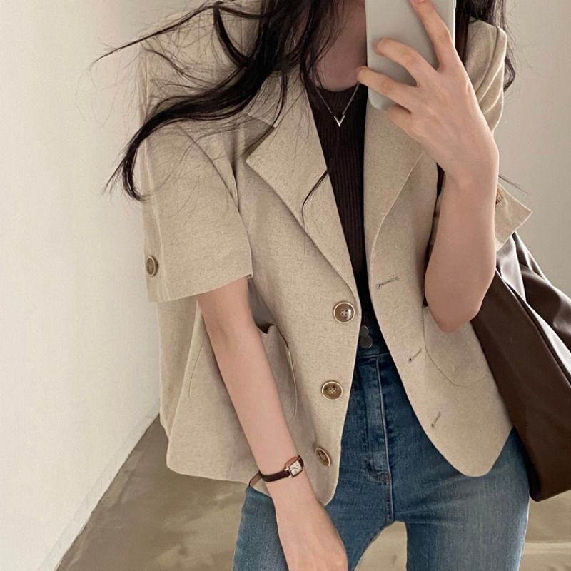 Korean chic and elegant thin short-sleeved blazer for women, new summer style, high-end suit jacket, minimalist outerwear.