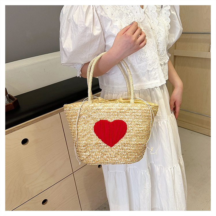 Heart Shape Pattern Women's Medium Straw Heart Shape Streetwear Bucket Open Bucket Bag