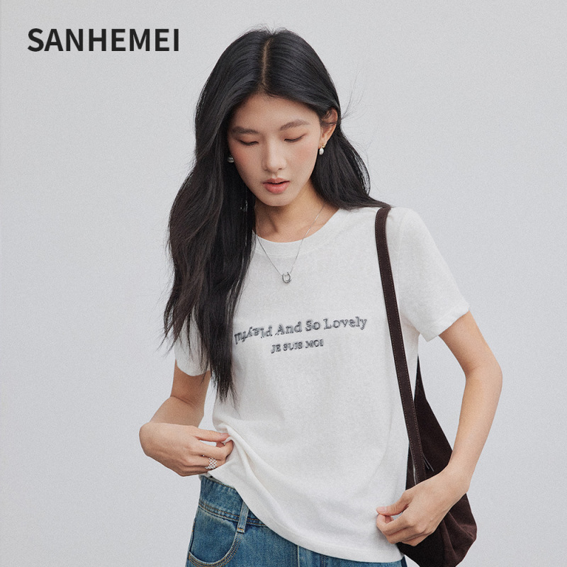 2026 Summer Linen Texture Letter Print Heavy-Duty Short Sleeve T-Shirt for Women, Loose Fit, Round Neck, Simple and Versatile Women's Top