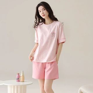 新款夏季纯棉睡衣女圆领短袖短裤家居服夏天薄款卡通少女全棉套装