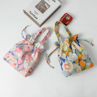 女生小碎花手提包抽绳印花束口袋 日式收纳手拎包汉服配饰棉布包