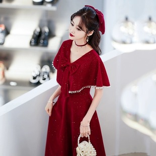 Plus Size Toast Dress for the Bride in Summer, Slimming Look and Belly-Covering Burgundy High-End Fat mm Wedding Engagement Dress
