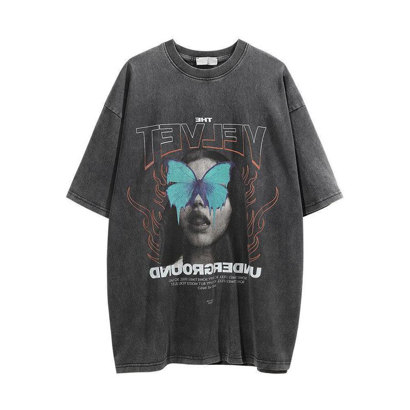 American-Style Loose Character Print Round-Neck Summer T-Shirt Trendy Brand Half-Sleeve Washed Vintage Short-Sleeve Men's Five-Quarter Sleeve Cotton American-Style Loose Character Print Round-Neck Summer T-Shirt Trendy Brand Half-Sleeve Washed Vintage Short-Sleeve Men's Five-Quarter Sleeve Cotton