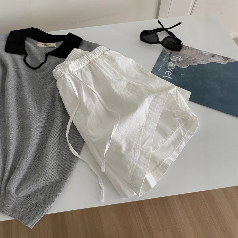 Minimalist Style Cotton White Shorts for Women Korean Versatile Slimming Wide-Leg A-Line Drawstring Casual Pants Summer Thin Pants