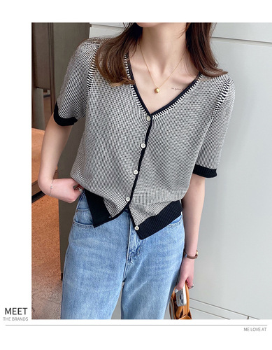 Xiaoxiangfeng short-sleeved tops for women summer thin  new ice silk knitted cardigan small coat v-neck small shirt