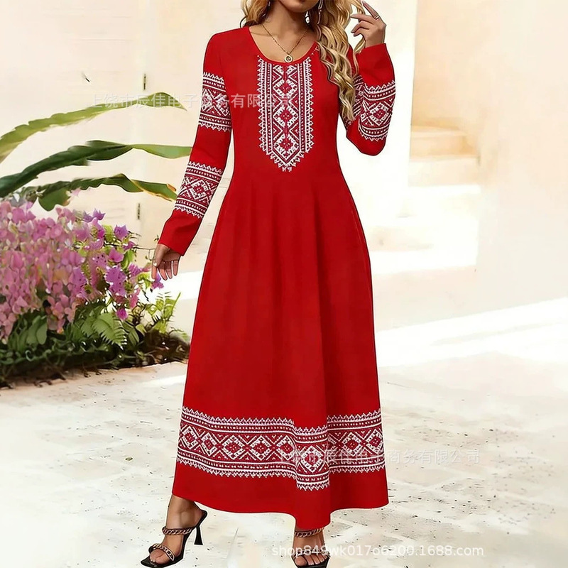 European and American Retro Ethnic Style Rose 3D Printed Dress, Red and White Contrasting Color Long-Sleeved Loose-Fitting Slimming Long Dress European and American Retro Ethnic Style Rose 3D Printed Dress, Red and White Contrasting Color Long-Sleeved Loose-Fitting Slimming Long Dress