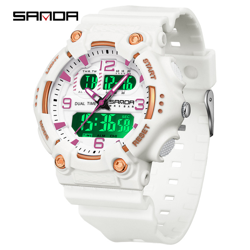 SANDA reloj juvenil de moda color contraste doble pantalla reloj multifuncional para hombres y mujeres estudiantes reloj electrónico de luz nocturna