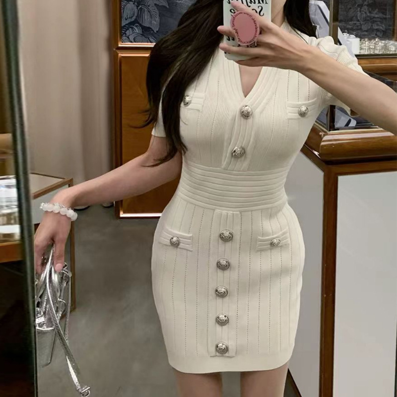 2026 Sexy V-Neck Knitted Short Dress for Women Shein Waist-Cinching Button Bodycon Dress Clearance Sale Beach Vacation